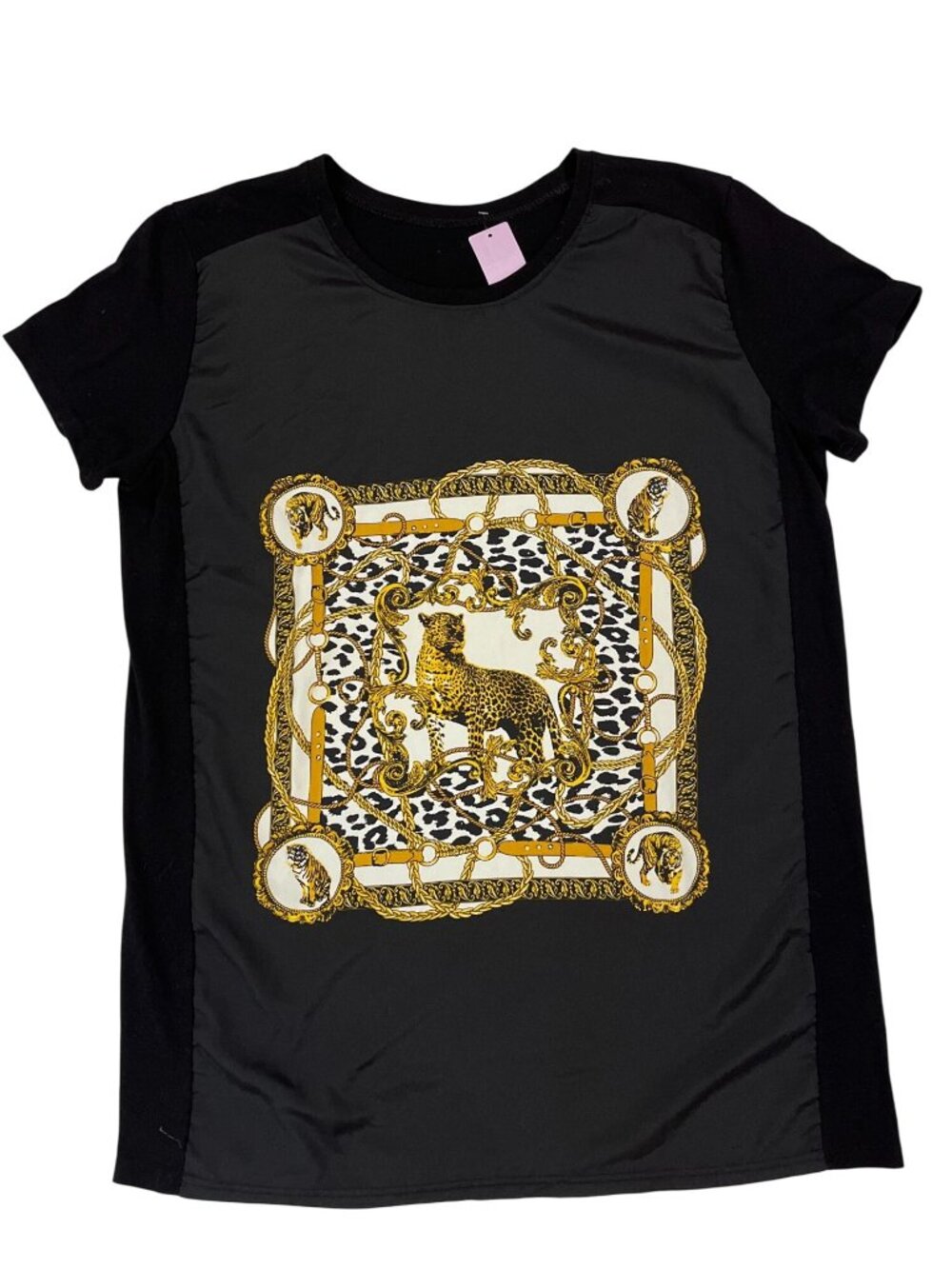 Yellow Gold Baroque Animalier Print T-Shirt Leopard Chain Short Sleeve Black